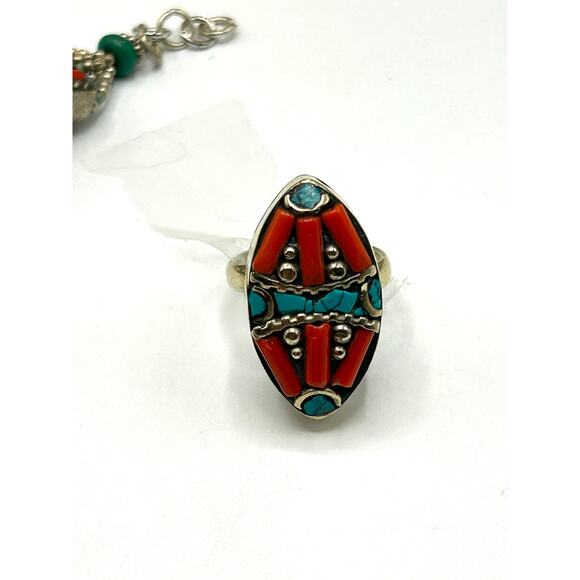 Tibetan Silver Turquoise Coral Set Bracelet Ring Earrings Adjustable - Picture 3 of 8